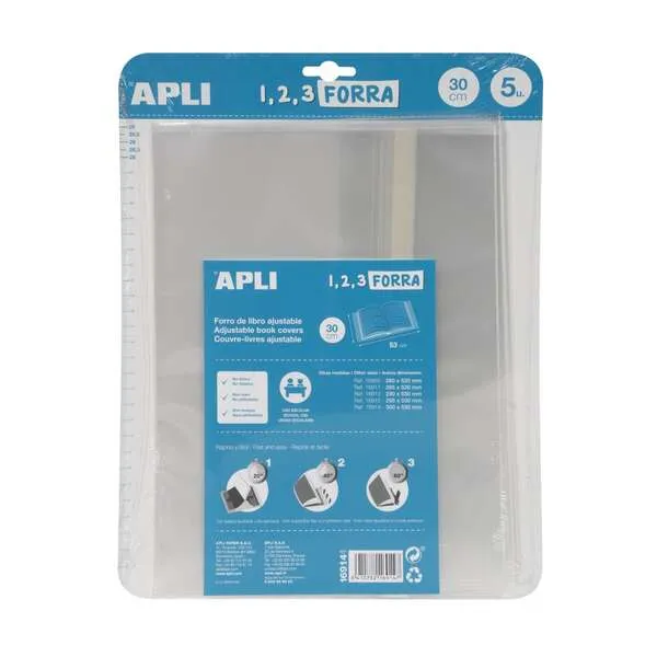 Apli Forro De Libros Con Solapa Ajustable 300mm PP 75 Micras Blíster 5 Unidades