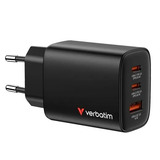 Verbatim Cargador Pared Gan Essentials  65W 2Xusb-C 3.0 Y 1Xusb-A Negro