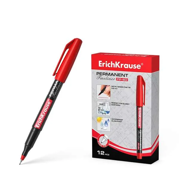 Erichkrause Marcador Permanente Fp-50 - Punta Fina De 0.6Mm - Resistente A La Luz Y El Agua - Color Rojo