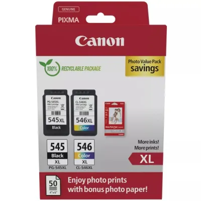 Canon PG-545XL Negro + CL-546XL Color Cartuchos de Tinta Originales + 50 Hojas de Papel Fotográfico