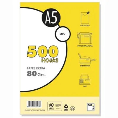 Pacsa Papel Extra A5 80g Liso Sin Taladros 500 Hojas Blanco