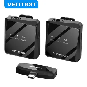 Vention Micrófono Clip Inalámbrico USB-C, Audio 32 kHz, Latencia 20 ms, 26h Batería, 50m Rango, Cancelación de Ruido, Negro