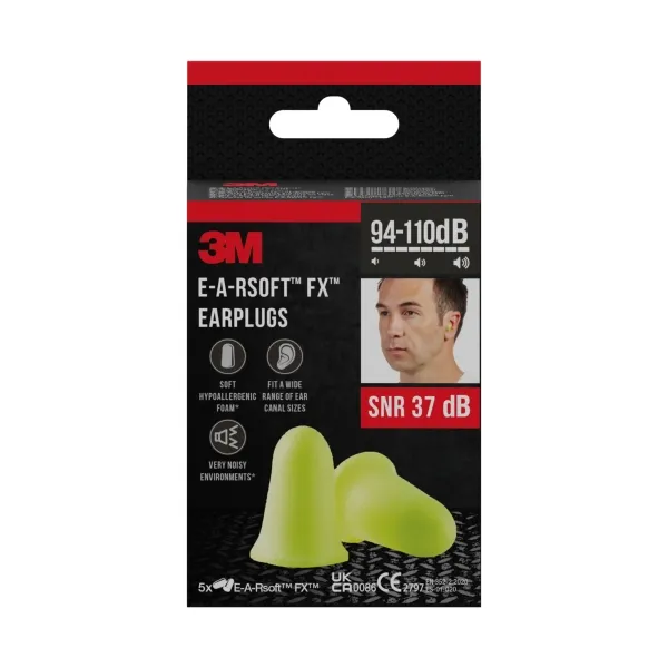 3M E-A-Rsoft Fx Pack De 10 Tapones Para Oidos - Espuma De Poliuretano Suave - Snr 37Db - 5 Pares - Color Amarillo