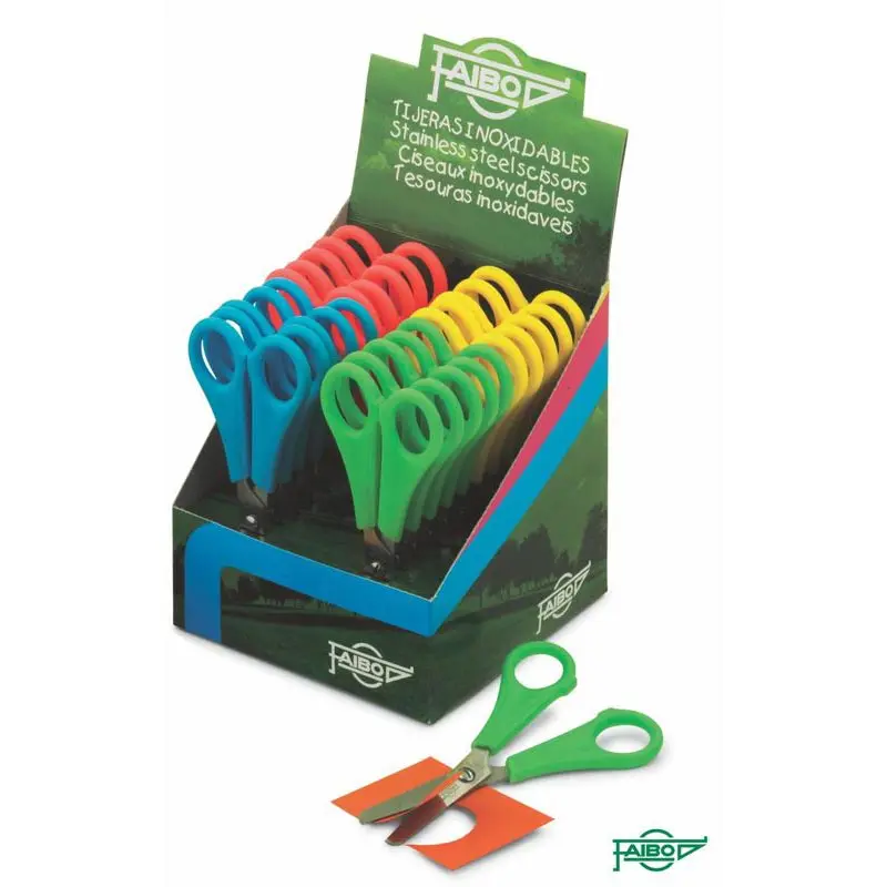Faibo Expositor 20 Tijeras Escolares 13cm Punta Redonda Acero Inoxidable Colores Surtidos