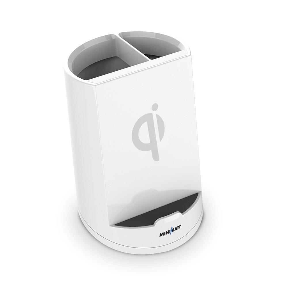 Mnibatt Cargador Inalámbrico Qi De Sobremesa Color Blanco - Diseño De Lapicero - Dos Bobinas De Inducción De 10W