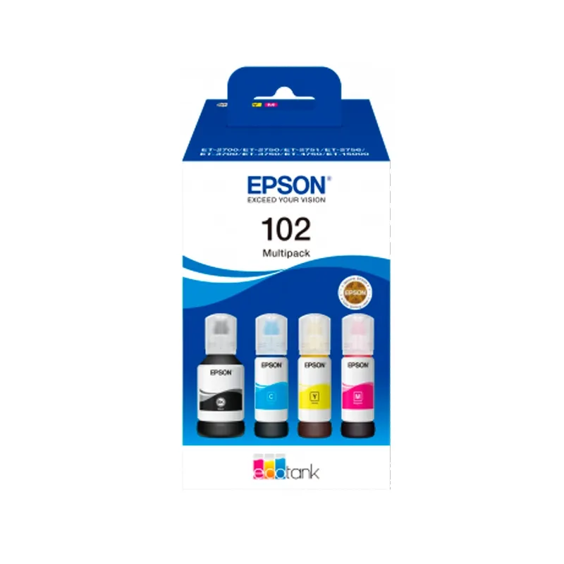 Epson Tinta Bote Nº 102 BK/C/M/Y para ET-4750, ET-3750, ET-3700, ET-2756, ET-2751, ET-2750, ET-2700, ET-15000