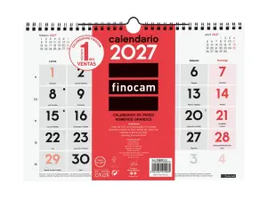 Finocam Calendario de Pared Anual 2027 Mes Vista Formato M 300x210mm Espiral Doble Rojo y Blanco