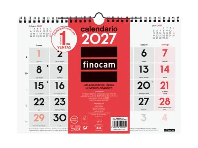 Finocam Calendario de Pared Anual 2027 Mes Vista Formato M 300x210mm Espiral Doble Rojo y Blanco