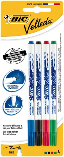 Bic Velleda 1721 Pack De 4 Rotuladores Para Pizarra - Punta Fina - Trazo De 1.5Mm - Borrado Optimo - Colores Surtidos