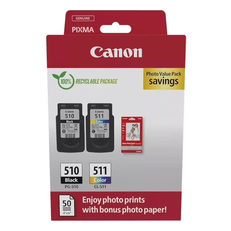 Canon PG-510/CL-511 Multipack de 2 Cartuchos de Tinta Originales y 50 Hojas de Papel Fotográfico