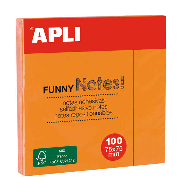 Apli Bloc De 100 Notas Adhesivas Funny 75X75Mm - Adhesivo De Calidad - Color Naranja Fluorescente