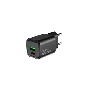 Coolbox Cargador GAN 25W USB-C y USB-A Carga Rápida 3.0 Power Delivery Negro