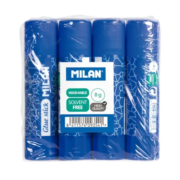Milan Pack 4 Barras De Pegamento 8 G - Multiusos - Multisuperficies - Sin Disolventes - Uso Escolar - Color Azul
