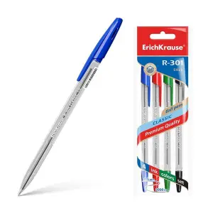 ErichKrause R-301 Pack de 4 Bolígrafos de Bola 1.0mm Tinta de Secado Rápido Colores Azul, Negro, Rojo y Verde