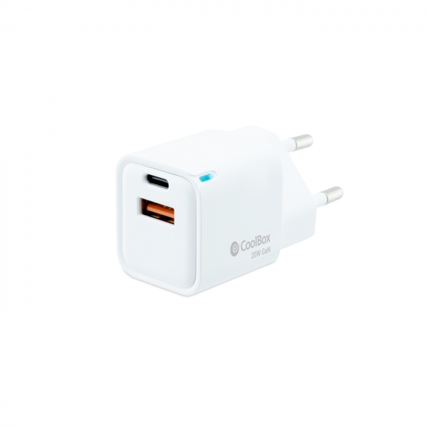 Coolbox Cargador De Pared 20W Qc3.0 + Pd - Usb-A + Usb-C - Carga Rapida - Tecnología Gan - Color Blanco