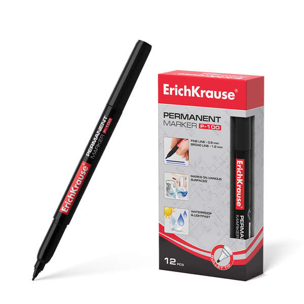 Erichkrause P-100 Marcador Permanente - Punta Fina - Trazo De 0.5 A 1.2Mm - Resistente Al Agua Y A Los Rayos Uv - Color Negro