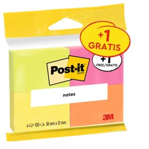 Post-it Pack de 4 Blocs de 100 Notas Adhesivas Reposicionables Neon 38x51mm