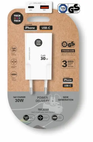 TechOneTech Cargador Doble de Pared Ultrarrápido GaN 30W USB-C y USB-A Blanco