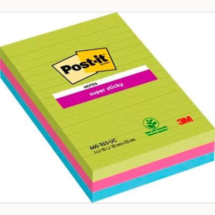 Post-It Bloc Notas Adhesivas Super Sticky Con Líneas 90H Formato Grande 102X152 C/Surtidos Paquete 3 Ud
