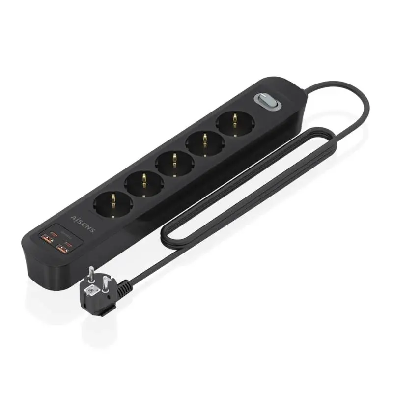 Aisens Regleta 5 Tomas Schuko con 2xUSB-C y 2xUSB-A, 1.4m, Interruptor LED, Power Delivery, Qualcomm 3.0, Negro