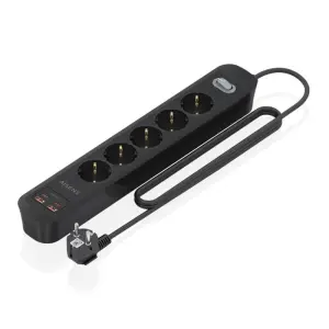 Aisens Regleta 5 Tomas Schuko con 2xUSB-C y 2xUSB-A, 1.4m, Interruptor LED, Power Delivery, Qualcomm 3.0, Negro
