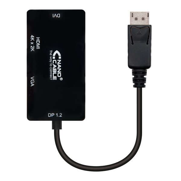 Nanocable Conversor Displayport A Vga / Dvi / Hdmi - 3 En 1 - Dp 1.2/M-Vga/H-Dvi/H-Hdmi/H 4K - 15 Cm - Color Negro