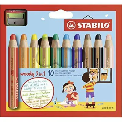 Stabilo Woody 3 en 1 Pack de 10 Lápices de Colores + Sacapuntas - Mina XXL 10mm