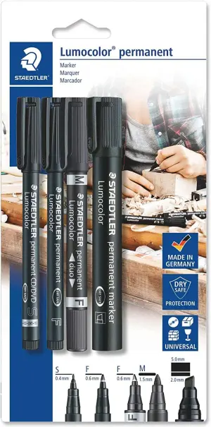 Staedtler Lumocolor Permanent Pack de 4 Rotuladores Negros Recargables con Diferentes Puntas