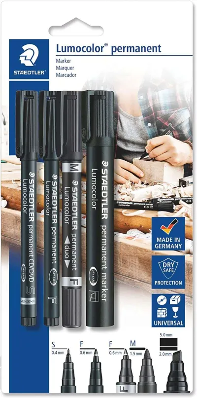 Staedtler Lumocolor Permanent Pack de 4 Rotuladores Negros Recargables con Diferentes Puntas