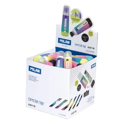 Milan Cubo Expositor 40 Cintas Correctoras Cilíndricas 5mm x 6m Rotación 360º Colores Surtidos