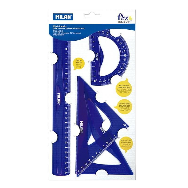 Milan Reglas Flex&Resistant 30Cm Azul Translucido Kit 4 Piezas