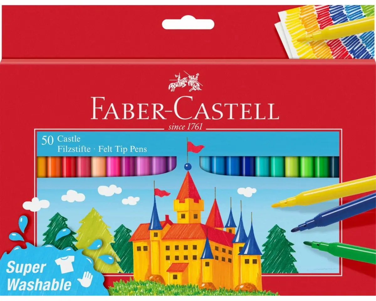 Faber-Castell Castle Pack de 50 Rotuladores - Tinta con Base de Agua Lavable - Colores Surtidos
