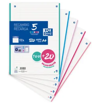 Oxford Recambio 120 Hojas A4 1 Línea 4 Taladros 5 Bandas de Color