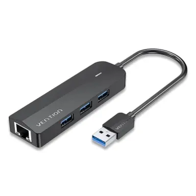 Vention Hub USB 4 en 1 con 3xUSB-A, Ethernet RJ45 y Cable de 15cm, Negro