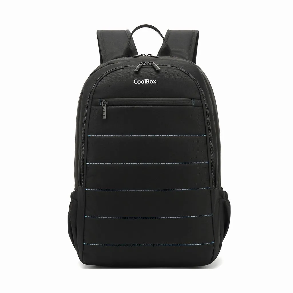 Coolbox BAG15-2N Mochila para Portatil 15.6" - Compartimento Acolchado - Tejido Impermeable - Bolsillos Laterales - Asa y Tirantes Regulables - Cinta Elastica Para Trolley - Color Negro