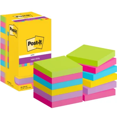 Post-it Super Sticky Pack de 12 Blocs de 90 Notas Adhesivas Reposicionables 76x76mm Colores Surtidos