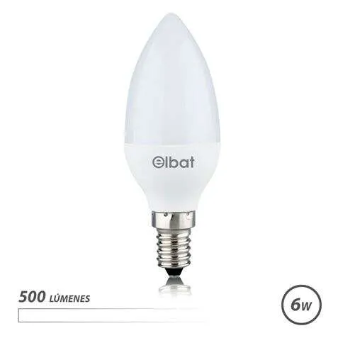 Elbat Bombilla Led - Potencia: 6W - Lumenes: 500 - Tipo De Luz: 4000K Luz Blanca - Casquillo: E14 - Angulo: 180º - Dimensiones: 37X100Mm - 30.000 Horas De Vida - 15.000 Encendidos - Color Blanco