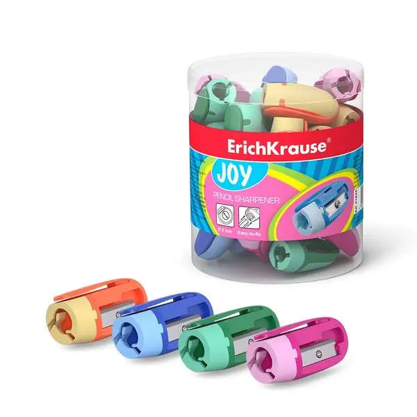 Erichkrause Joy Sacapuntas De Plastico - 1 Orificio De 8Mm - Cuchilla De Acero Al Carbono En Forma De Espiral - Clip De Sujeccion - Colores Surtidos