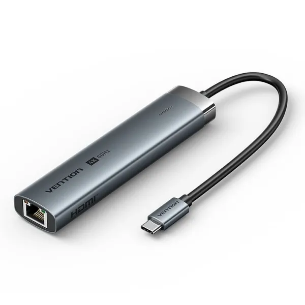 Vention Docking Station 6 en 1 USB-C a HDMI, 3xUSB 3.0, USB-C 3.2 G1, RJ45, PD 100W, 0.15m, Gris
