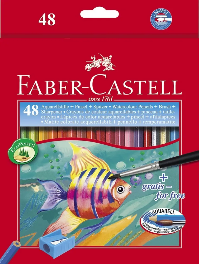 Faber-Castell Classic Colour Acuarelable Pack de 48 Lapices de Colores Hexagonales Acuarelables + Pincel - Resistencia a la Rotura - Colores Surtidos