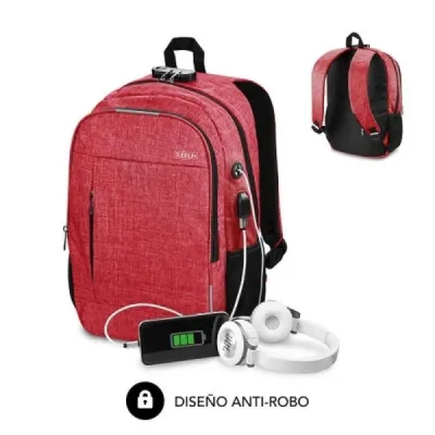 Subblim Mochila Urban Lock System - Sinónimo De Seguridad - Excelente Capacidad Organizativa - Conector Usb Para Powerbank - Diseño Resistente - Correas Ergonómicas - Color Rojo