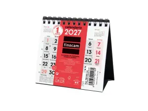 Finocam Calendario de Sobremesa Anual 2027 Mes Vista XXS 110x100mm Espiral Doble Rojo y Blanco