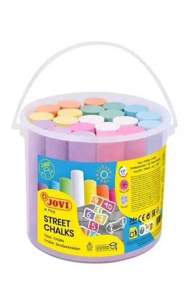 Jovi Street Chalks Bote 21 Tizas Jumbo - Especiales Para Dibujar En El Suelo - Tizas Redondas - Facil Eliminacion Con Agua - Poco Resto De Polvo En Las Manos - Color Surtido