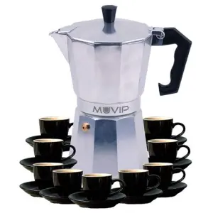 Muvip MV0605 Cafetera de Aluminio - Capacidad 9 Tazas - Mango de Baquelita Termoresistente Ergonomico - Apta para Placas Electricas, Vitroceramicas, Gas e Induccion - Color Aluminio