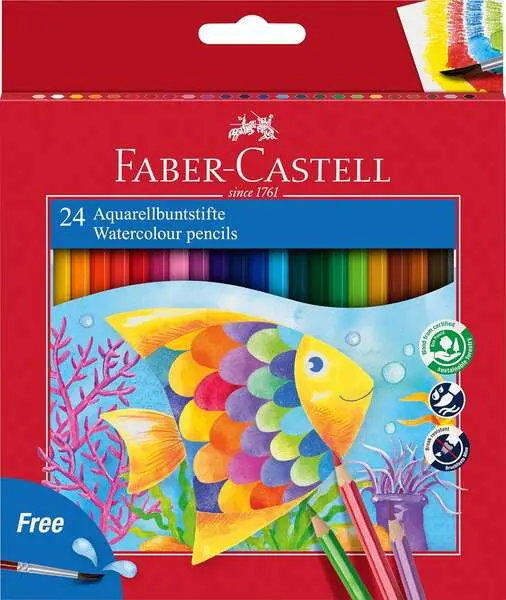 Faber-Castell Classic Colour Acuarelable Pack De 24 Lapices De Colores Hexagonales Acuarelables + Pincel - Resistencia A La Rotura - Colores Surtidos