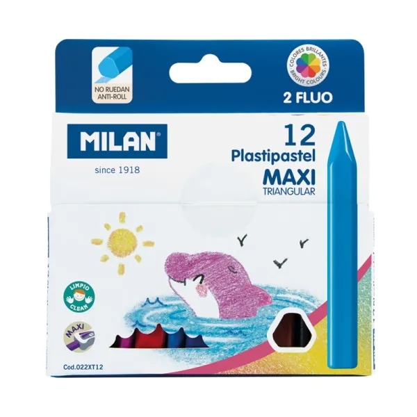 Milan Maxi Pack de 12 Ceras Triangulares de Colores Surtidos con 2 Ceras Fluo
