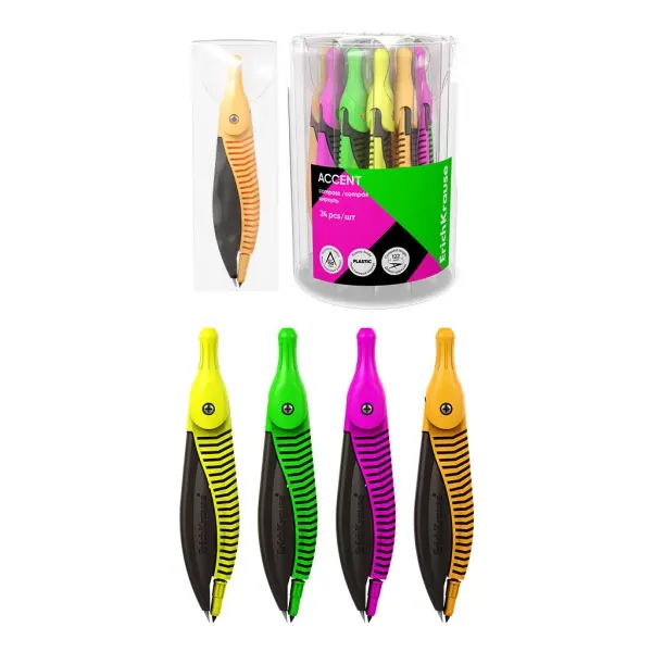 ErichKrause Compás Escolar de Plástico con Estuche de PVC, 122mm, Radio 150mm, Colores Surtidos