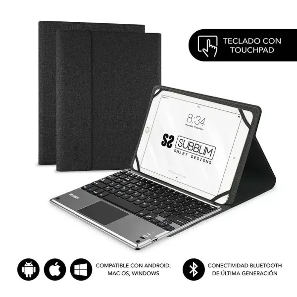 Subblim Teclado Bluetooth Extraíble - Funda Universal 9-10.1" - Diseño Ultradelgado - Soporte Ajustable - Touchpad - Sistema Magnético - Resistente Y Adaptable - Inalámbrico - Bluetooth - Color Negro