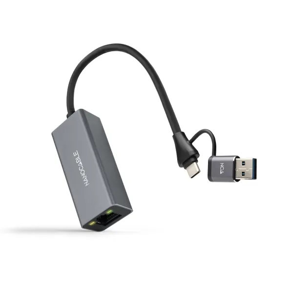Nanocable Adaptador De Red Usb-C + Usb-A/M 3.0 A Ethernet Gigabit 10/100/1000 Mbps - 15 Cm - Color Gris