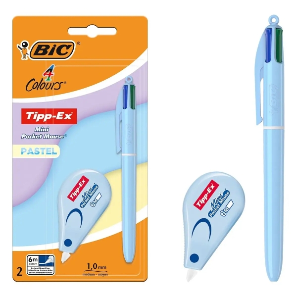 Bic 4 Colours Pastel Pack Con 1 Boligrafo De Bola Retractil 4 Colores + Corrector Tipp-Ex Mini Pocket Mouse Pastel 5Mmx6M - Punta Media De 1.0Mm - Tinta Con Base De Aceite - Cuerpo En Color Pastel - 4 Colores De Tinta